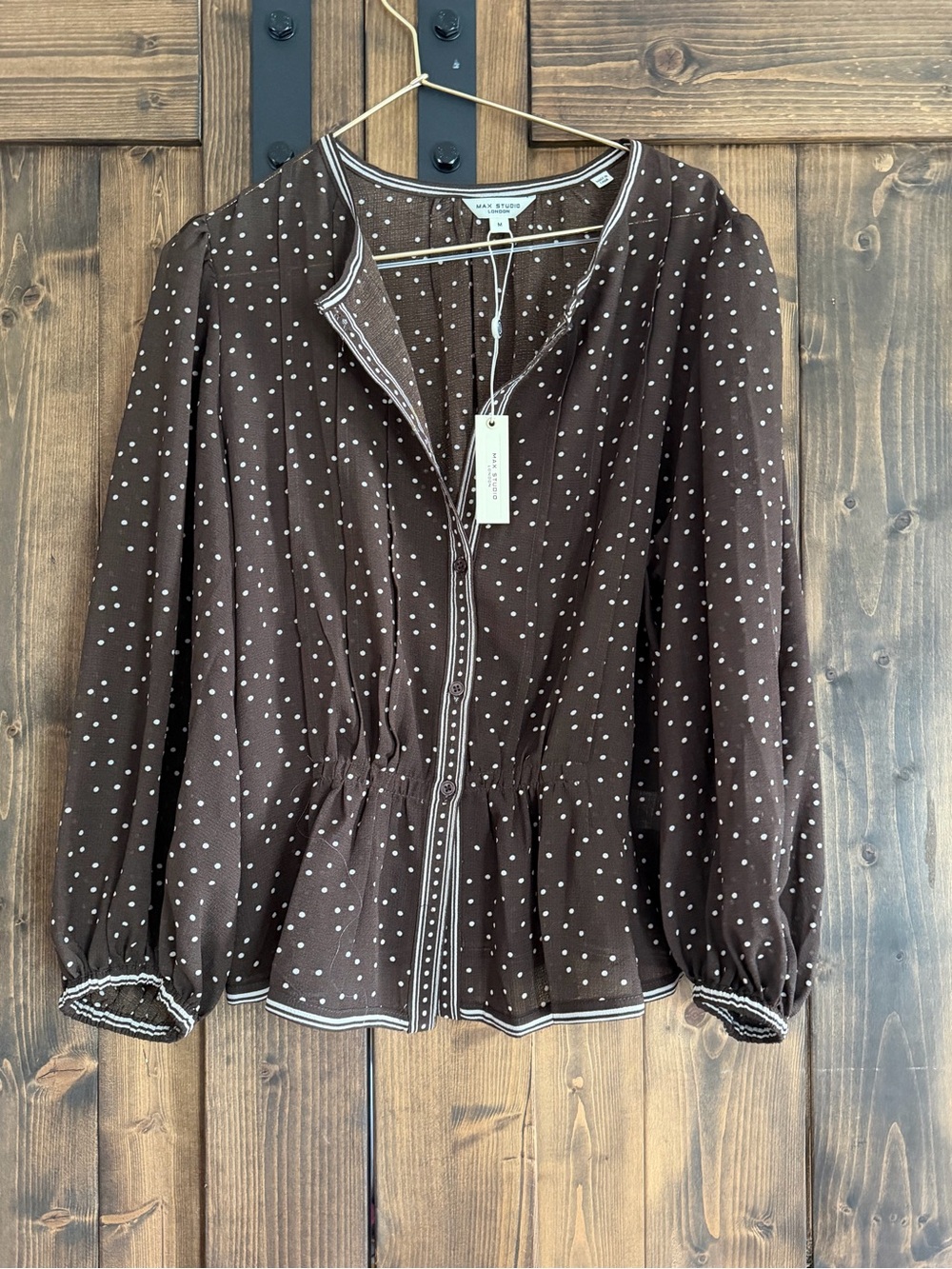 Max Studio Brown Polka Dot Button-Front Peplum Blouse